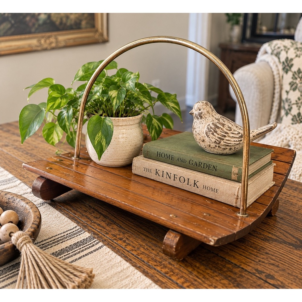Vintage Curved Wood Magazine Rack Brass Handle Mid Century Modern